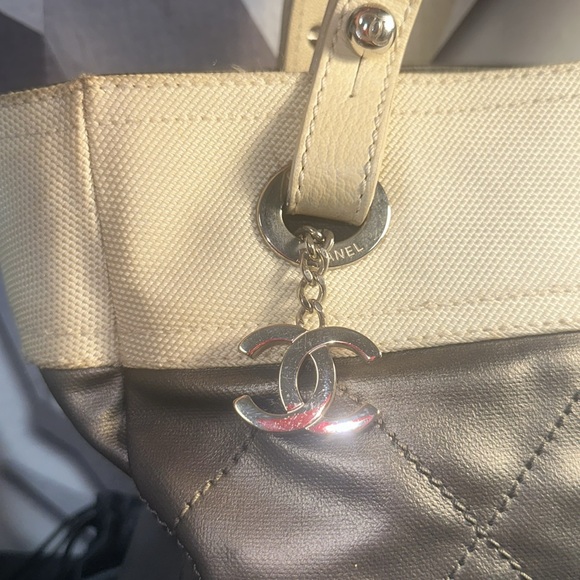 Used] CHANEL Paris Biarritz PM handbag tote bag canvas leather gray ivory/grey - Picture 10 of 16